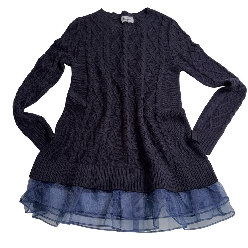Military Hippie Navy Cable Knit Ruffle Tulle Hem Sweater Tunic S/M